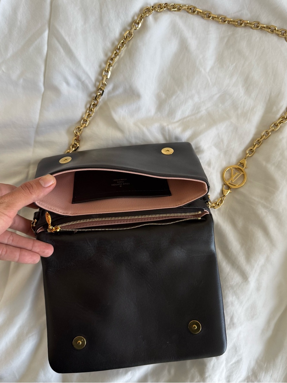 Louis Vuitton Coussin Black Leather Crossbody with Pink Interior and Gold Chain